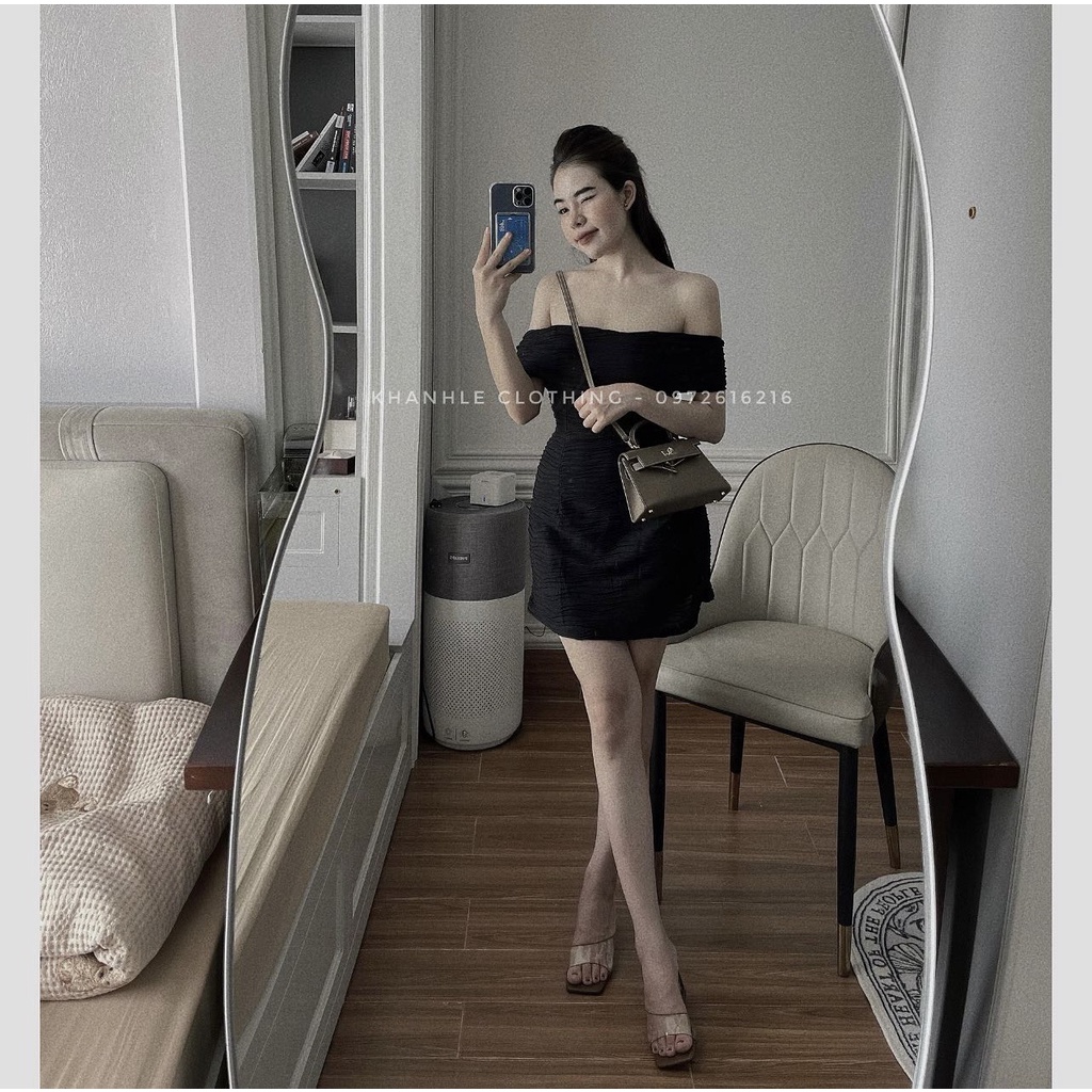 Váy Trễ Vai , Váy Body Ngang Vai Hoạ Tiết Sóng Kèm Quần Trong