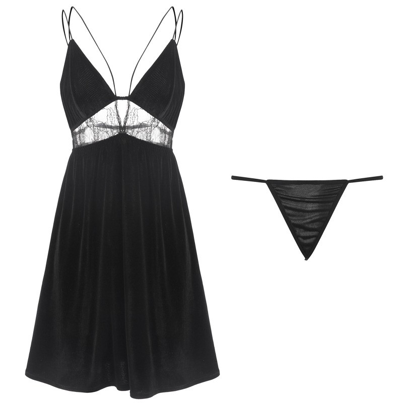 Váy ngủ nhung 2 dây ZOZORO kết hợp ren khoét sâu ngực sexy quyến rũ-vnms03