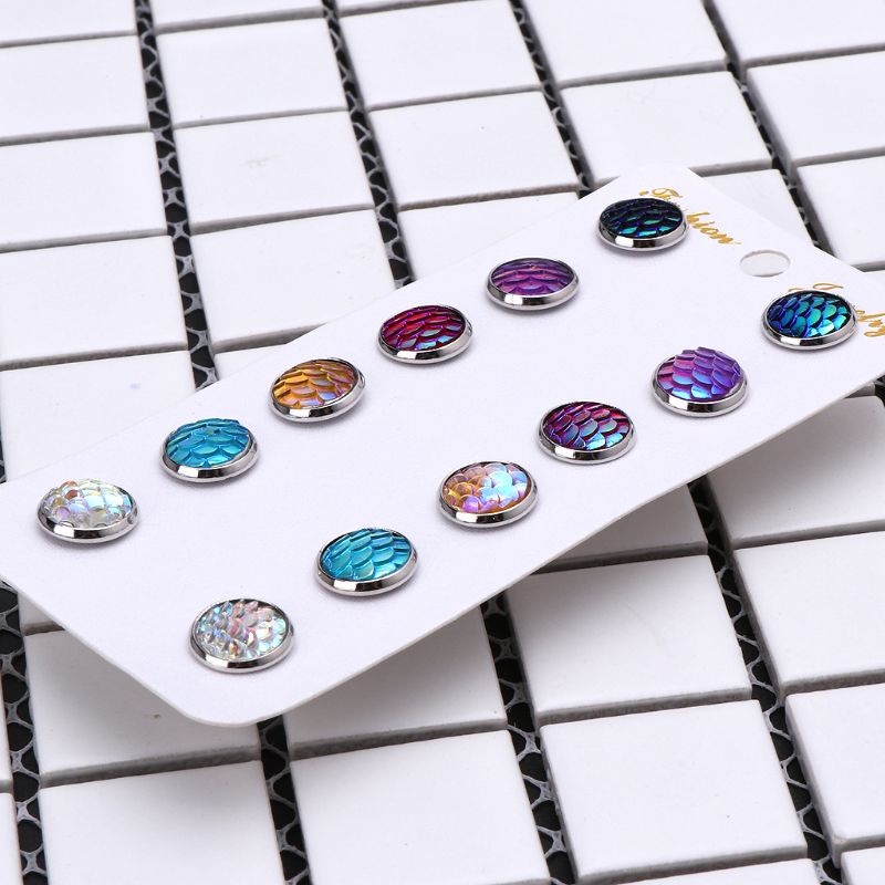 Exhila Set 6 Cặp Bông Tai Đinh Tán Tròn Họa Tiết Vảy Cá Sang Trọng Làm Đẹp Cho Tiệc Hóa Trang Đường Phố