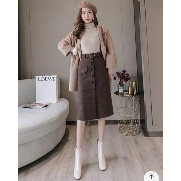 Chân váy dạ công sở, chân váy đai eo phối nắp túi