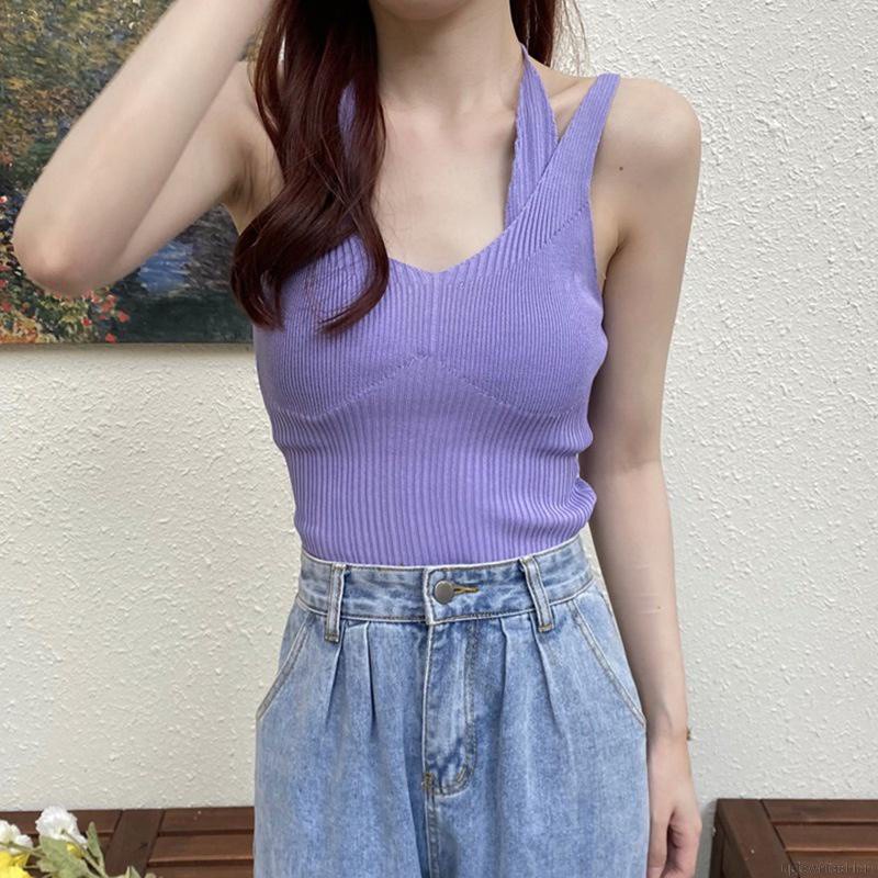 Áo Hai Dây Dệt Kim Màu Trơn Dáng Ôm Phong Cách Gợi Cảm Cho Nữ