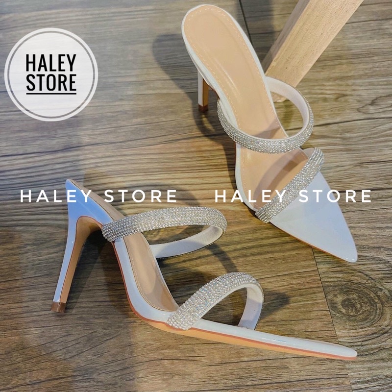 Giày cao HALEY STORE gót mũi nhọn hai quai đính đá xoàn lấp lánh đi chơi tiệc rẻ bền đẹp tiểu thư