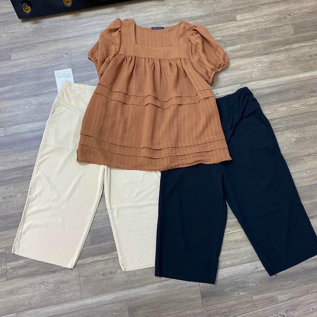 Áo bầu babydoll mùa hè . Kiểu tay bồng xinh xắn, cổ vuông trẻ trung dễ thương cho mẹ bầu
