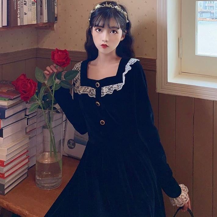 Váy babydoll Đầm Nhung Đen Dáng Dài Chiết Eo Phong Cách Hepburn Pháp Thời Trang Xuân Thu Cho Nữ