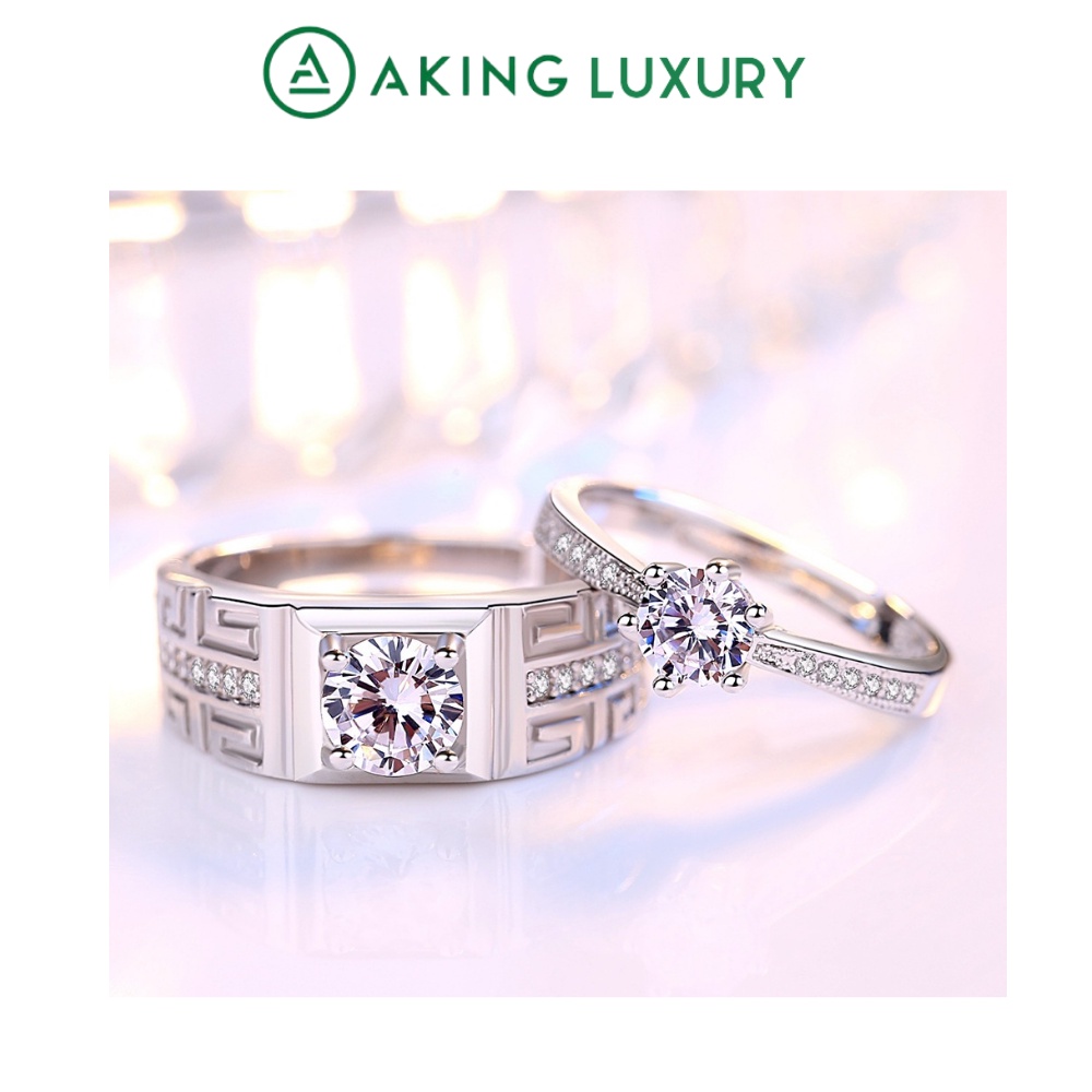 Nhẫn đôi AKING LUXURY AK16 cao cấp, nhẫn bạc nam họa tiết khỏe khoắn, nhẫn bạc nữ đính đá sang trọng. Nhẫn cặp mới 2021