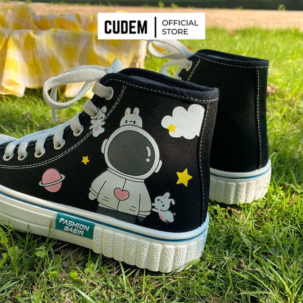 Giày thể thao nữ cổ cao in hình phi hành gia, giày thể thao bata học sinh vải Canvas S18