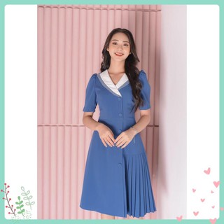 [SIÊU SANG] Váy công sở dự tiệc dáng xòe cổ phối trắng chất Mango cao cấp hàng thiết kế