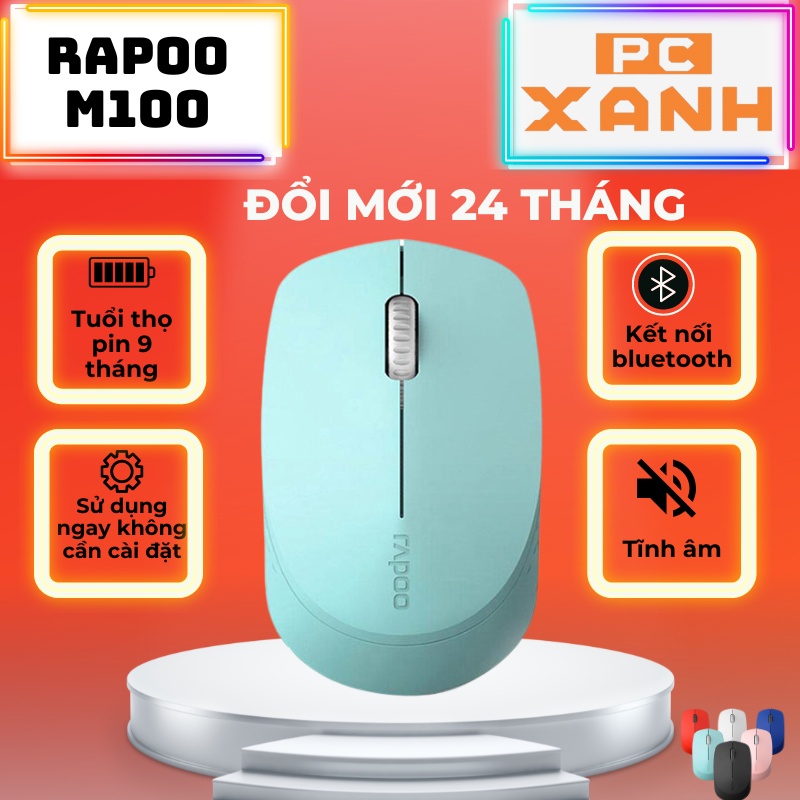 Chuột không dây silent bluetooth hoặc USB giảm ồn nhỏ gọn dùng được cho MacOS và PC laptop Rapoo M100- BH đổi mới 2 năm