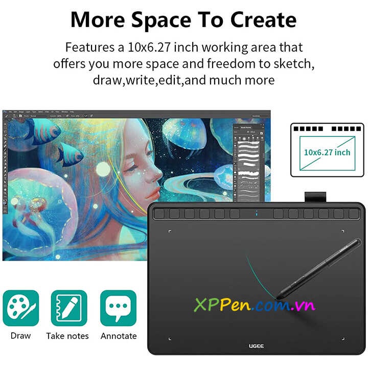 Máy tính bảng viết dạy học trực tuyến Ugee S1060 Android, 10 inch, cảm ứng nghiêng, 8192 Levels, 5080 LPI