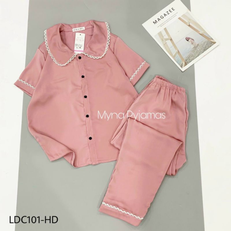 Bộ Pyjama Tay Cộc Quần Dài Viền Ren - Hàng thiết kế có size