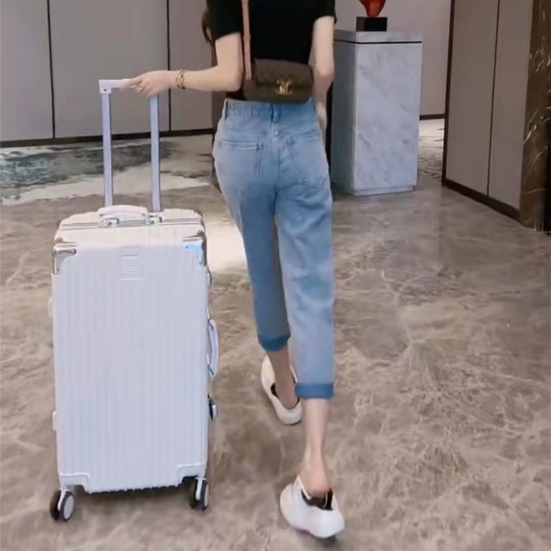 Net red cross pattern ripped jeans women's new summer large size small tall waist thin straight tube daddy pants