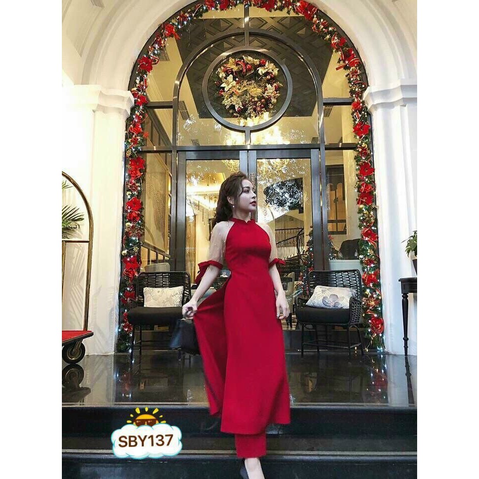 Áo dài cách tân cho bé size từ 10-25kg và mẹ dưới 55kg chất liệu umi co giãn, tay lưới đính cườm