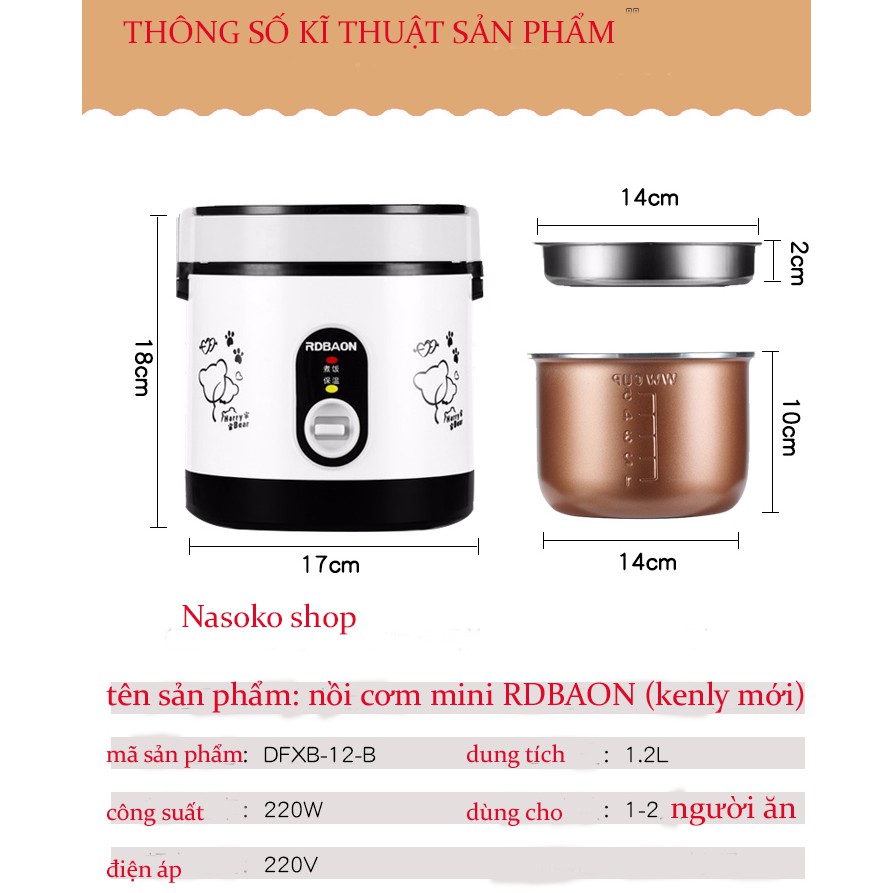 Nồi cơm điện mini 1.2L hãng RDBAON Kenly quai xách (phiên bản mới) | BigBuy360 - bigbuy360.vn
