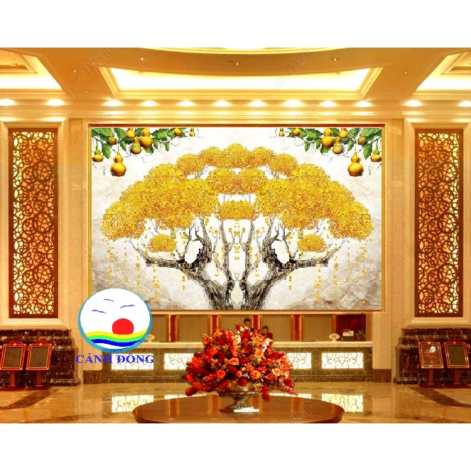 Decal dán tường cây kim tiền bầu hồ lô phong thủy rước lộc tài phú quý sang trọng in theo size yêu cầu trên nhiều chất l