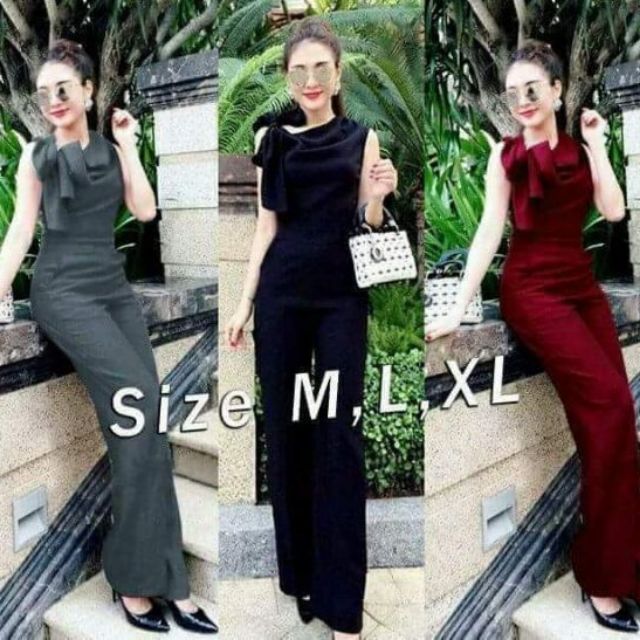 Jumpsuit đồ bay dài ống suông thắt nơ cổ giống Bạch Nguyễn