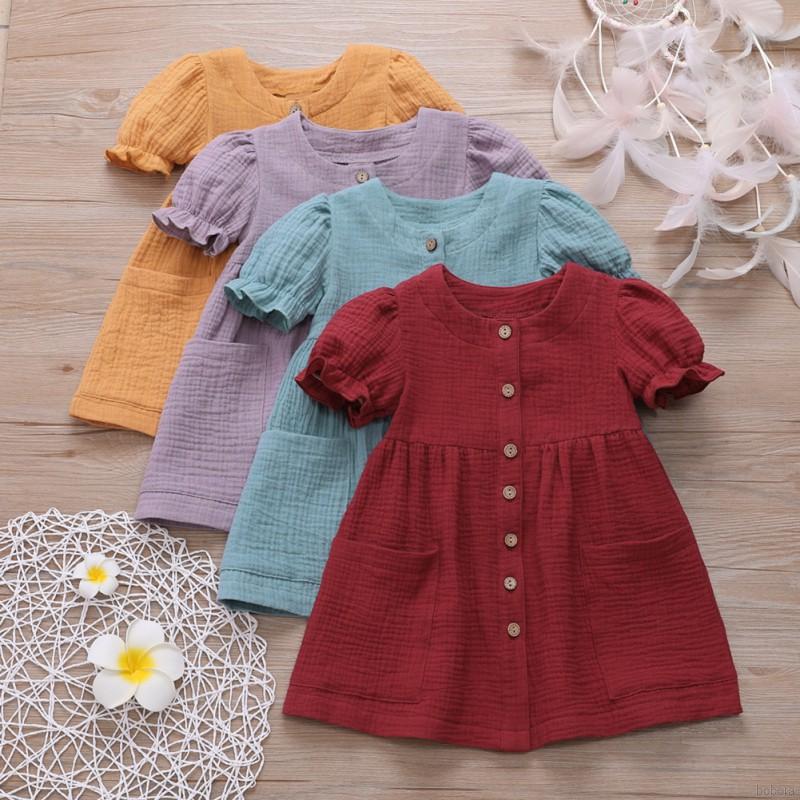 BOBORA đầm công chúa Cotton Lanh Ngắn Tay Phối Bèo Màu Trơn Cho Bé 1-6 Tuổi