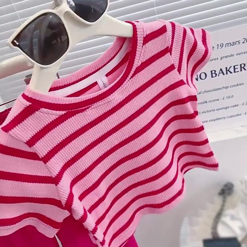 Set Áo Thun Tay Ngắn Kẻ Sọc Phối Quần Ống Rộng Thời Trang Hè Xinh Xắn Cho Bé Gái