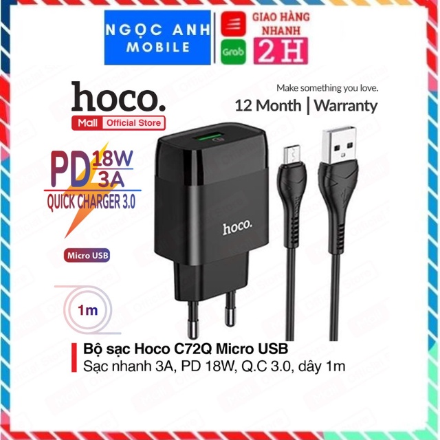 Củ Sạc Nhanh iphone, cổng USB 18W, QC3.0, dùng cho iPhone, iPad, Android - Chính hãng Hàng Chính Hãng Hoco C72Q