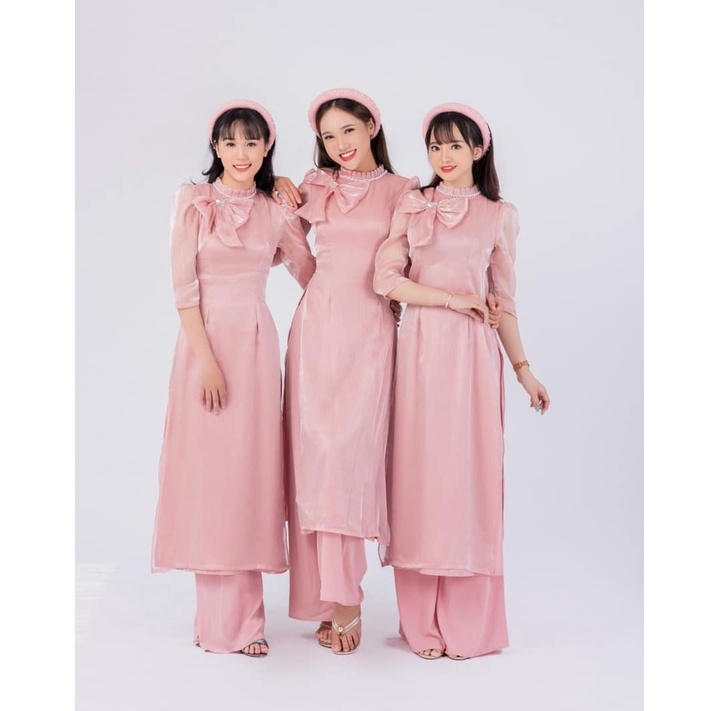 Áo dài cách tân nữ, may sẵn, tay bồng, cổ tròn, hồng phấn, lụa tơ ngọc, bốn tà