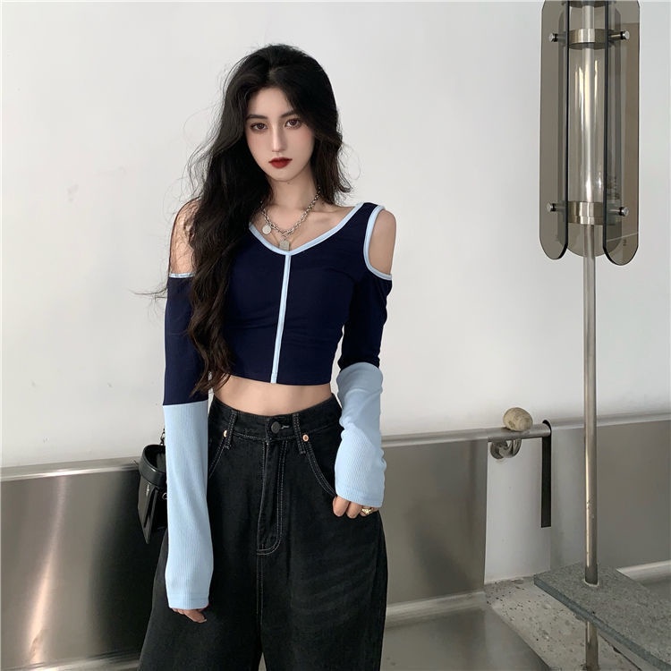 Áo thun COZOK tay dài trễ vai ôm dáng nhiều kiểu dáng phong cách retro