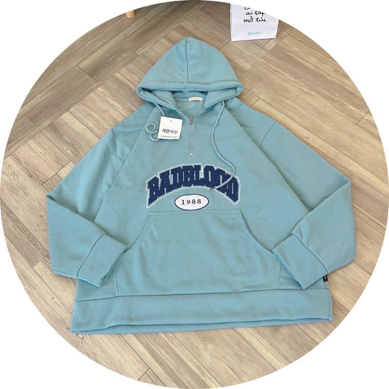 Áo khoác chui đầu hoodie phối dây kéo thêu chữ unisex ulzzang nam nữ