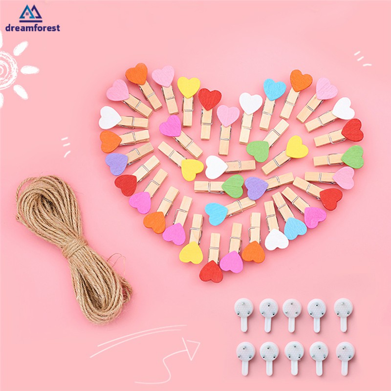 Set 20 Kẹp Gỗ Hình Trái Tim 3cm Dùng Để Gắn Treo Ảnh Trang Trí