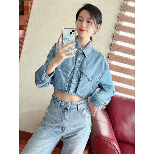 Áo denim croptop dài tay ZR