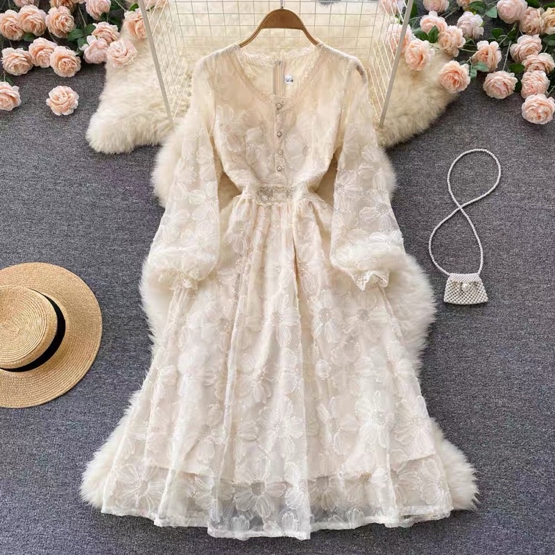 Đầm nữ dáng dài thêu hoa cực xinh, váy thiết kế hàng Quảng Châu Cao Cấp ren thêu hoa mẫu mới nhất