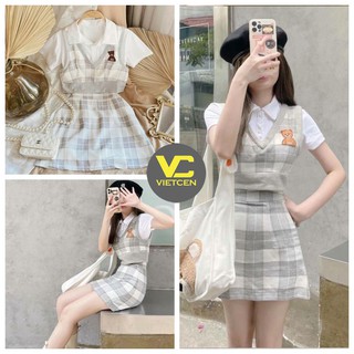 Set áo croptop cổ tim và chân váy kẻ caro chất thun bozip mềm mát - VIETCEN