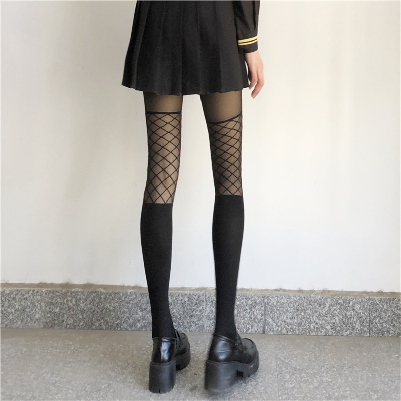 Xiangbao Quần Tất Lưới Jacquard In Họa Tiết Hình Xăm Giả Màu Đen Phong Cách Goth Cho Nữ