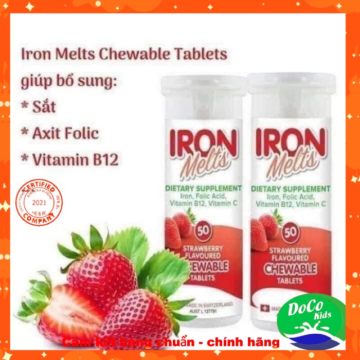 Viên ngậm bổ sung Sắt Iron Melts ,Vị dâu, có chứa Sắt, Acid Folic, Vitamin B12 Và Vitamin C, hàng Úc, 50 viên