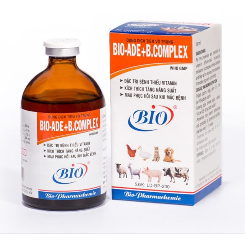 Bio ADE B complex 100ml sử dụng trên vật nuôi hsd 23/02/2023