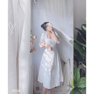 (SALE XẢ HÀNG) Đầm Midi Trắng Thắt Nơ Lưng