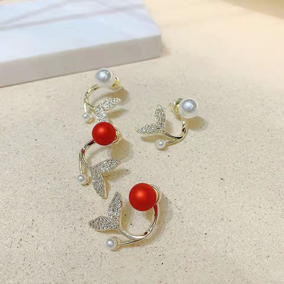 Bông tai RINHOO mạ bạc 925 hình đuôi cá đính ngọc trai thời trang cho nữ