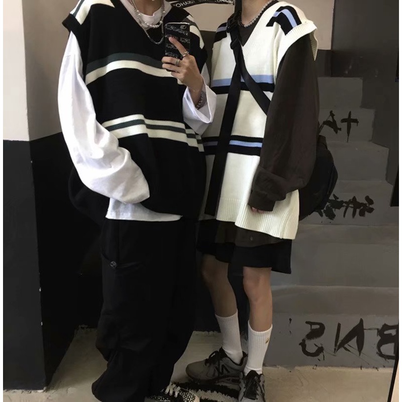 Áo Sweater dệt kim không tay cổ chữ V dáng rộng phong cách Retro Hàn Quốc thời trang cho nam và nữ