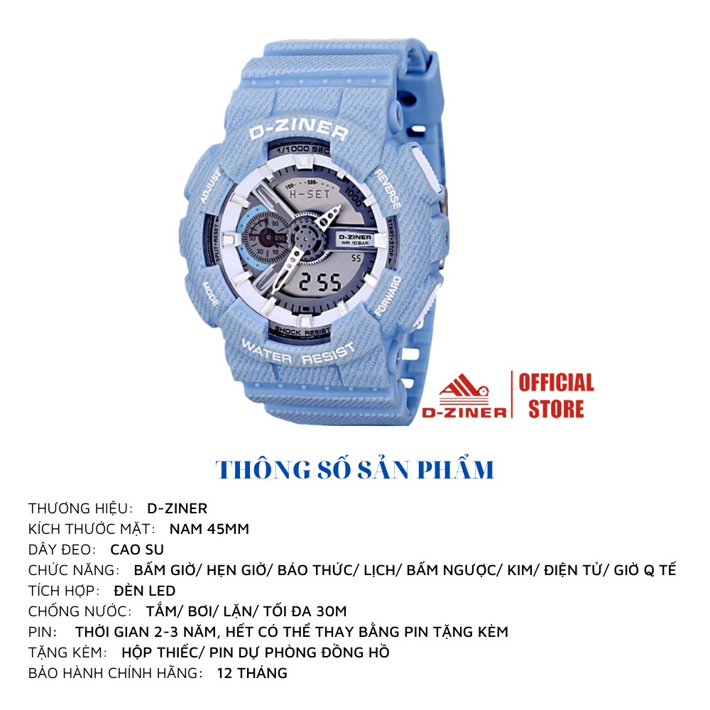 Đồng hồ nam điện tử chính hãng thể thao D-ZINER DZ3398 Denim chống nước 30m bền cao cấp