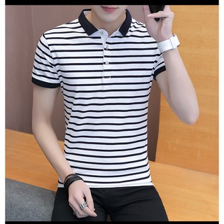 ÁO THUN NAM SỌC NGANG NGẮN TAY CỔ SƠ MI-ATN03 ( sọc TRẮNG - XANH )