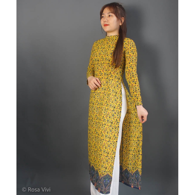 Áo dài nữ truyền thống Rosa Vivi cổ đứng tay dài họa tiết hoa chân