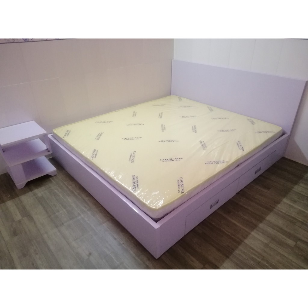 Giường ngủ trắng gỗ MDF chống ẩm 2 hộc kéo, bao lắp đặt, bao vận chuyển ( có một số trường hợp riêng chát để chốt )