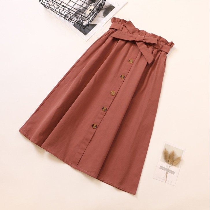 Chân váy nữ thời trang chữ A đính cúc kèm dây đai thắt nơ vải kaki cao cấp free size VAY05