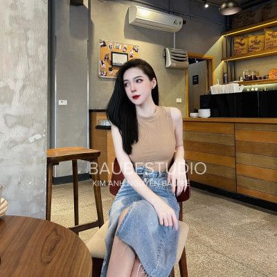 Chân váy jeans bò dài 4 khuy túi mổ cạp chéo