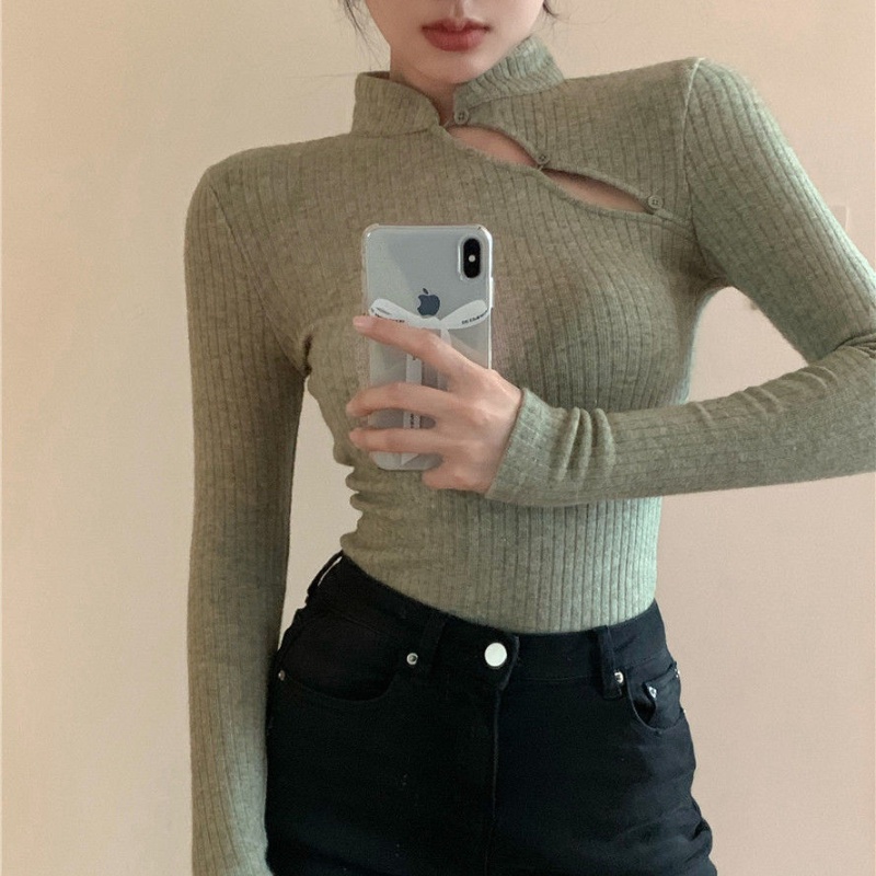 Áo sweater COZOKC dệt kim tay dài cổ đứng dáng ôm gợi cảm thời trang cho nữ