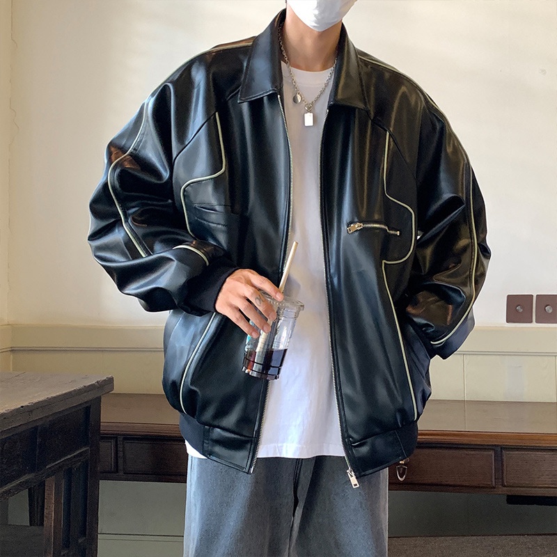Áo khoác da thời trang cổ điển màu đen cho nam khi chạy xe máy / xe đạp