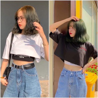 Áo croptop tay ngắn, set áo thun croptop & Bra Grouundbreaking 1974, Cam Kết hàng Xịn