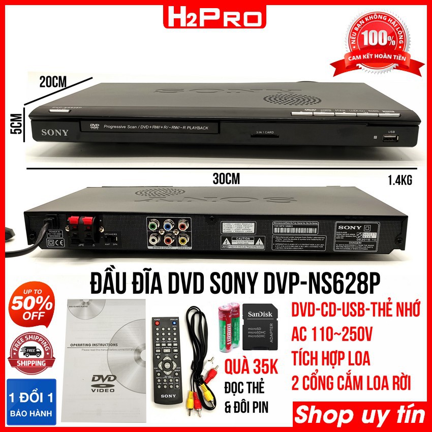 Đầu đĩa DVD Sony DVP-NS628P H2Pro USB-Thẻ nhớ,tích hợp loa và 2 cổng cắm loa rời, đầu dvd karaoke sony cao cấp Tặng quà