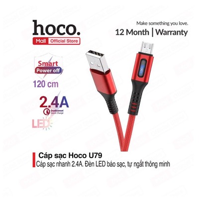 Cáp sạc nhanh và truyền dữ liệu Micro USB Hoco U79, hỗ trợ sạc nhanh 2.4A,tự ngắt sạc khi đầy pin, tích hợp đèn báo sạc