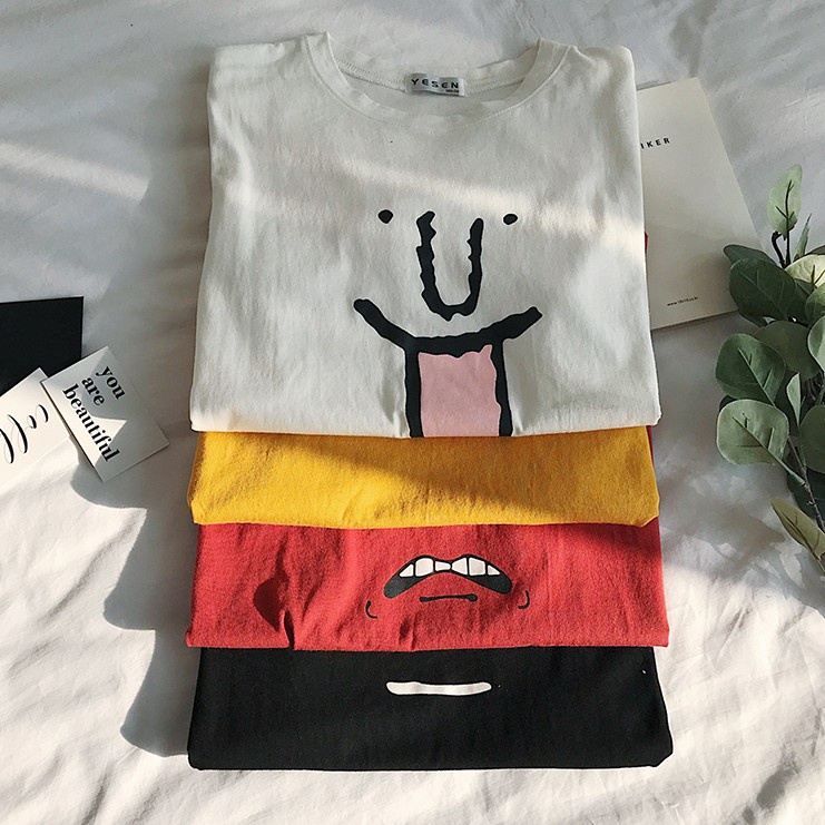 NUZIRO Áo thun  ngắn tay in họa tiết hoạt hình 4 màu lựa chọn phong cách Hàn Quốc vui nhộn