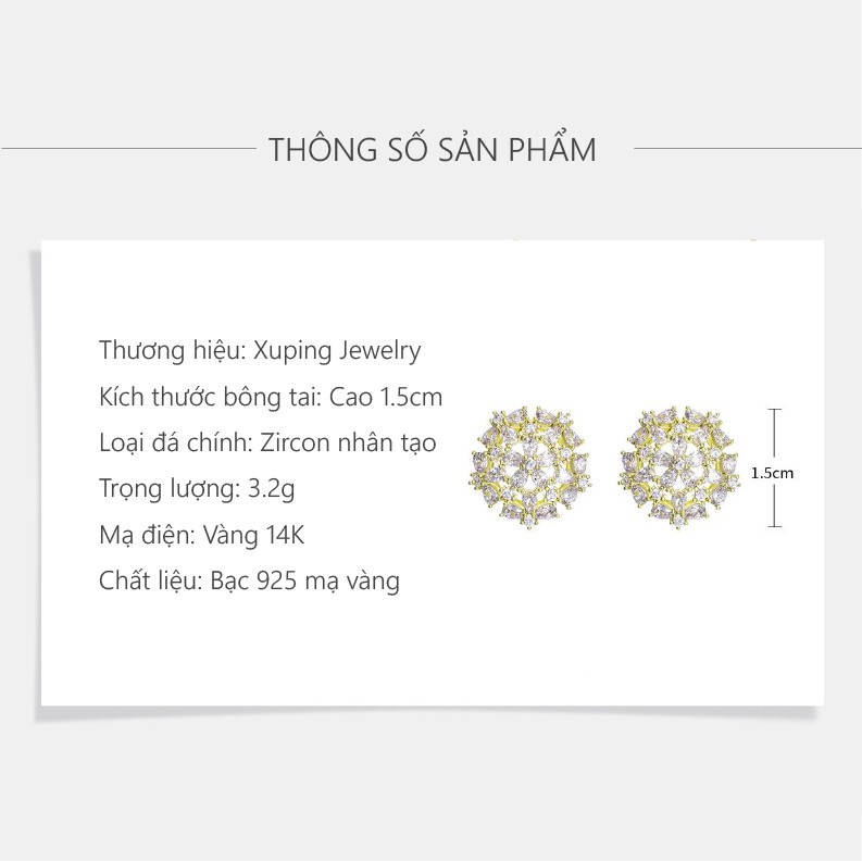 Bông Tai Nữ Bạc 925 Mạ Vàng 14K, Trang Sức Xuping Chính Hãng - XPBT50