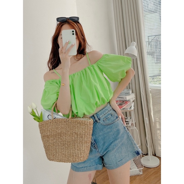 Áo croptop hai dây tay bí form ngắn chất cao cấp MIEU - JJN11