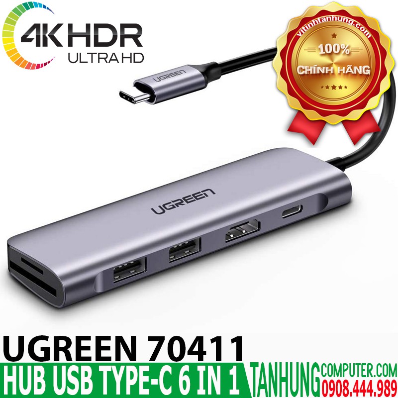 Hub USB-C 6 in 1 Ugreen 70411(ra HDMI,2USB3.0+SD/TF+PD100W) Chính Hãng